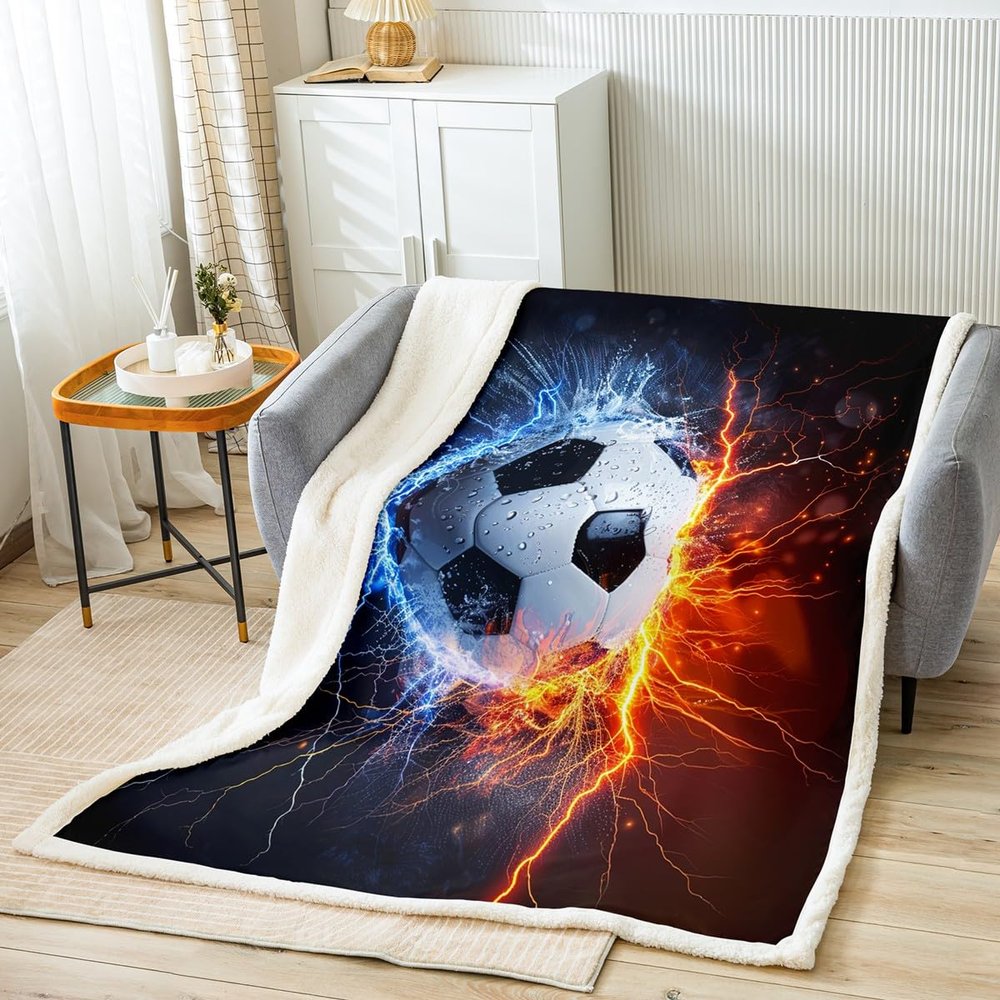 3D Sports Football Fleece Throw Blanket for Kids Teens Boys - Soccer Ball Plush Sherpa Luxury Ice and Fire Fuzzy Blanket - Sports Theme Games for Sofa Bed Couch, King 87x95 Inch