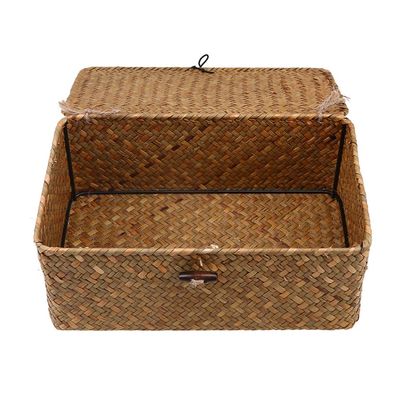 Amosfun Rattan Box Rattan Storage Basket with lid Wicker Box top email for Counter Boxes Picnic Covered- New Seaweed with Button Woven- Basket Straw Woven Debris Desktop Wicker