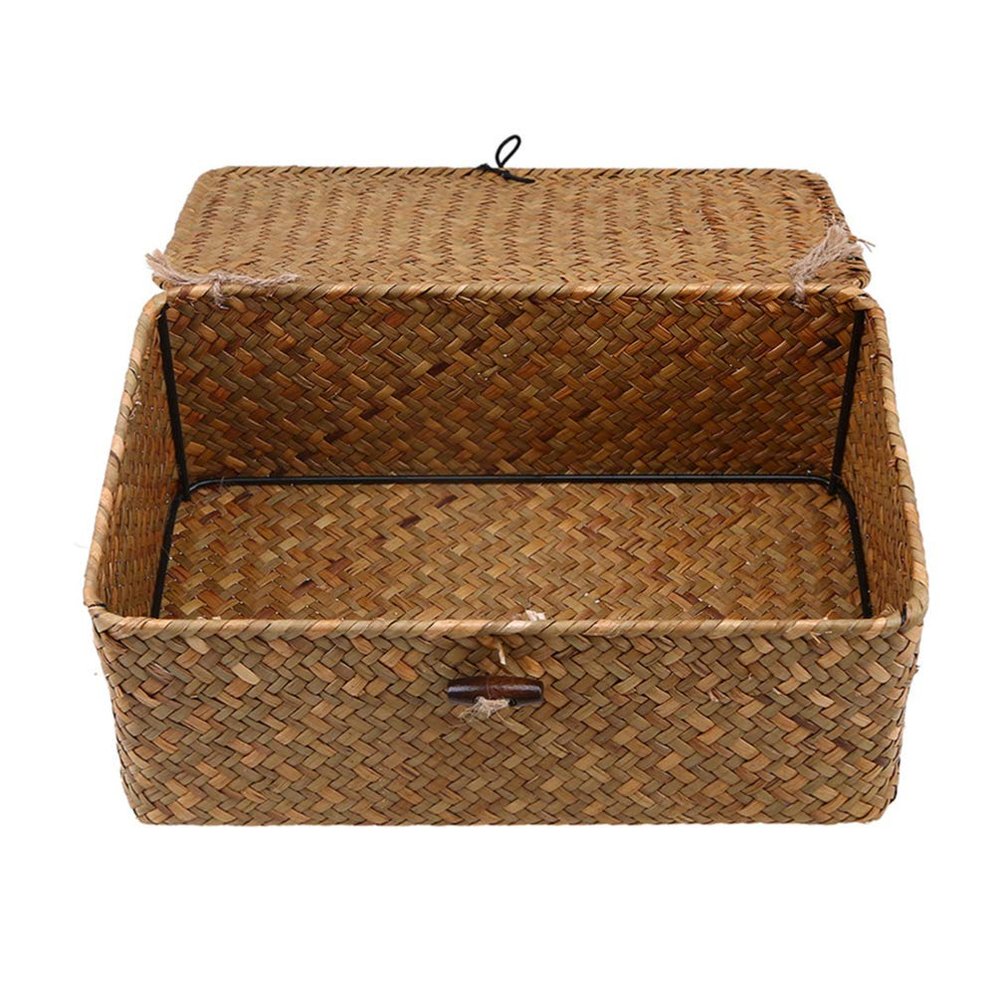 Amosfun Rattan Box Rattan Storage Basket with lid Wicker Box top email for Counter Boxes Picnic Covered- New Seaweed with Button Woven- Basket Straw Woven Debris Desktop Wicker