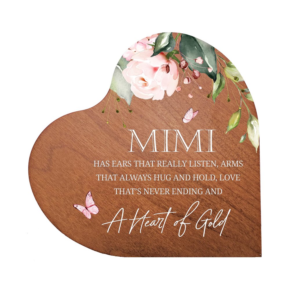 LifeSong Milestones Personalized Solid Wood Heart Decoration Favors for Grandparents Unique Home Decor Housewarming Gift from Daughter Son Niece Nephew 5x5.75 Mimi, A Heart of Gold (Cherry)