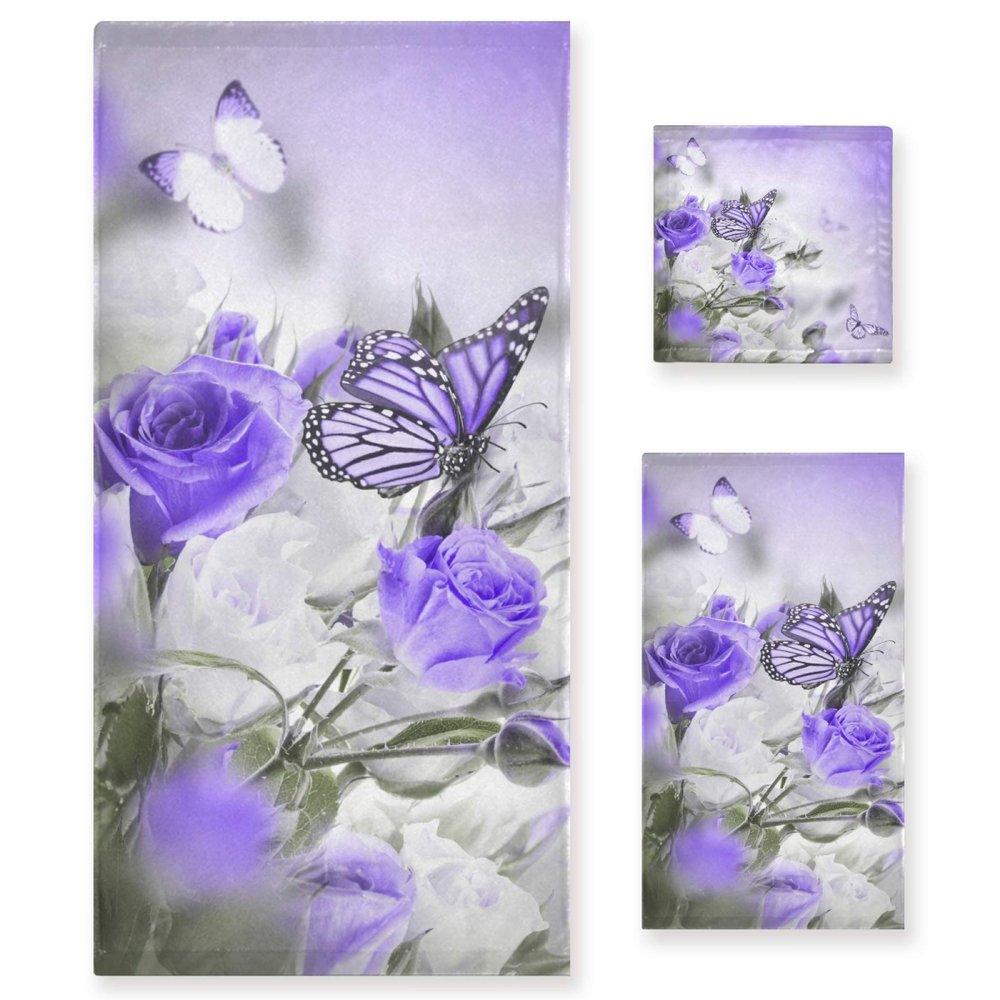 ALAZA Purple Butterfly Iris Flower Towel Bathroom Sets 1 Bath Towel 1 Hand Towel 1 Washcloth Soft Luxury Decorative Set of 3 Multipurpose for Kitchen Home Spa