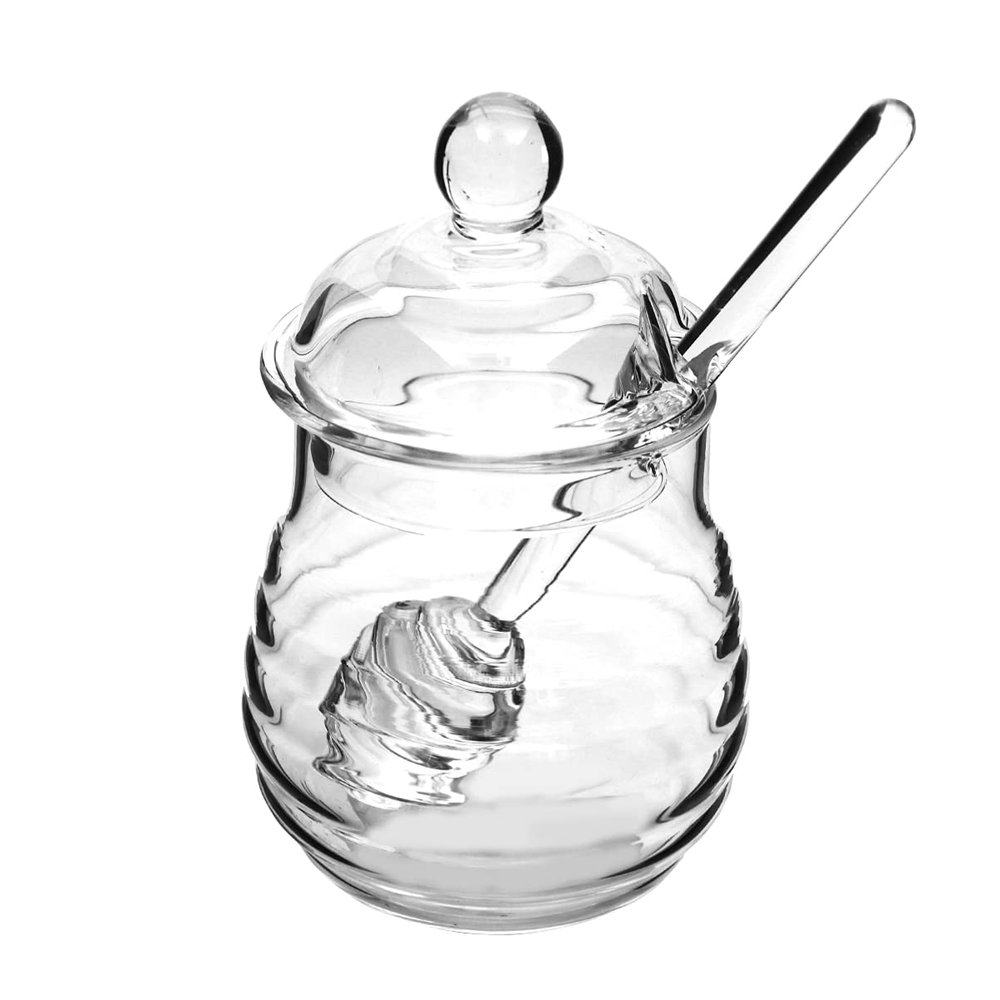 Amosfun 250ml honey pot jar and dipper set glass dippers mini jars spoon with container dispenser- Glass Honey Pot Set Transparent Clear Jam