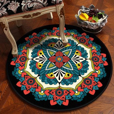 2021 National Wind Retro Mandala Round Carpet European Classical Balcony Coffee Table Hanging Basket Living Room Decoration Floor Mat Red 100x100cm