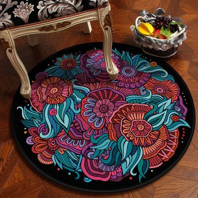 2021 National Wind Retro Mandala Round Carpet European Classical Balcony Coffee Table Hanging Basket Living Room Decoration Floor Mat Purple 80x80cm
