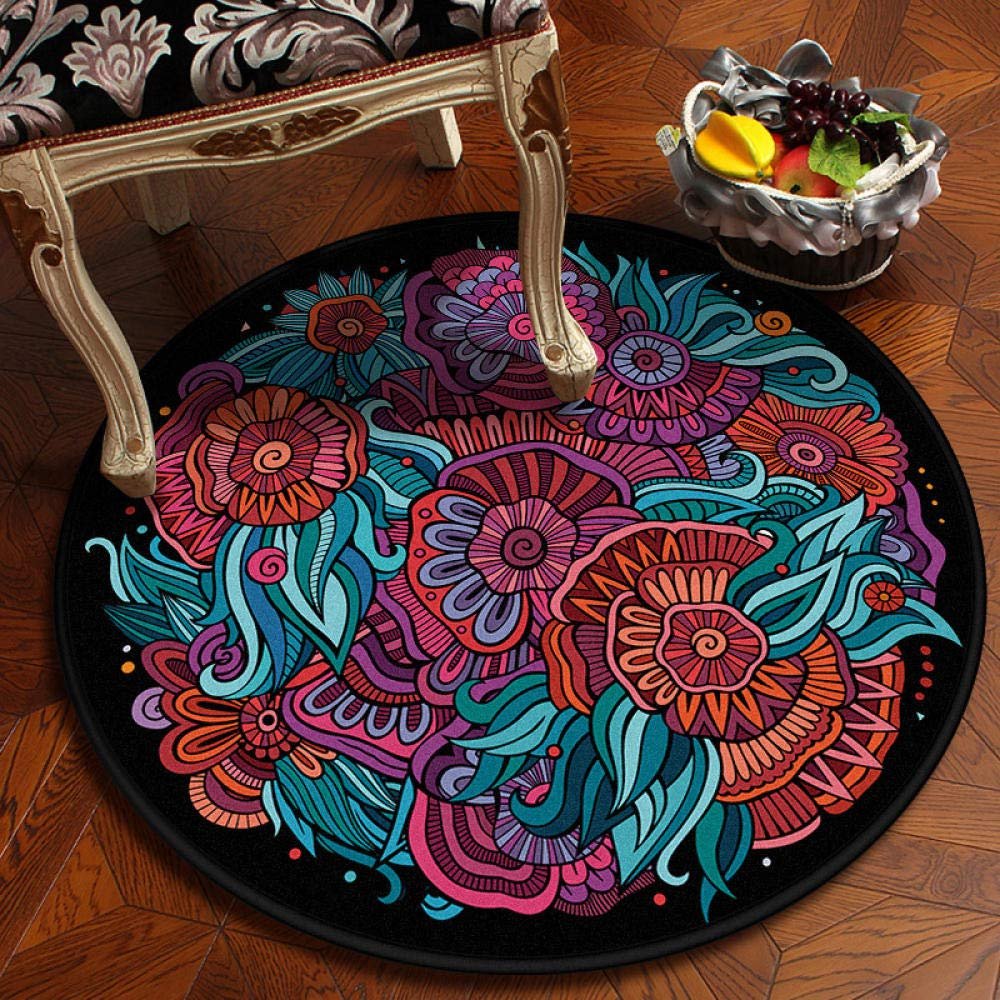 2021 National Wind Retro Mandala Round Carpet European Classical Balcony Coffee Table Hanging Basket Living Room Decoration Floor Mat Purple 80x80cm