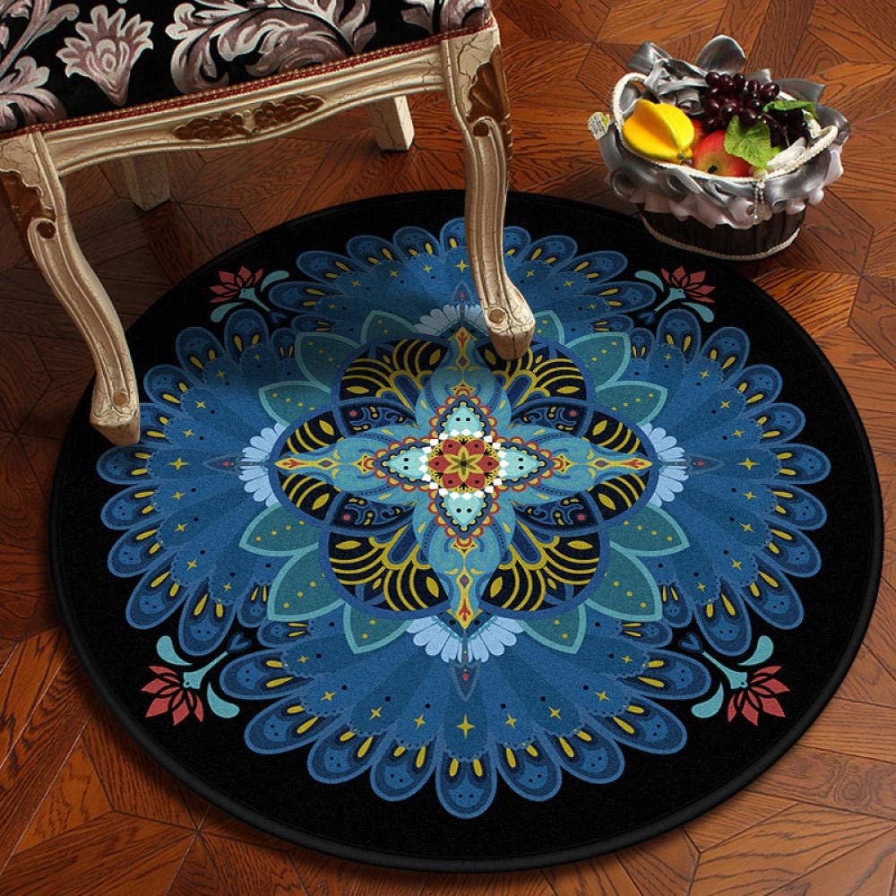 2021 National Wind Retro Mandala Round Carpet European Classical Balcony Coffee Table Hanging Basket Living Room Decoration Floor Mat Black 90x90cm