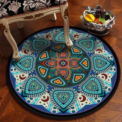2021 National Wind Retro Mandala Round Carpet European Classical Balcony Coffee Table Hanging Basket Living Room Decoration Floor Mat Sky Blue 90x90cm