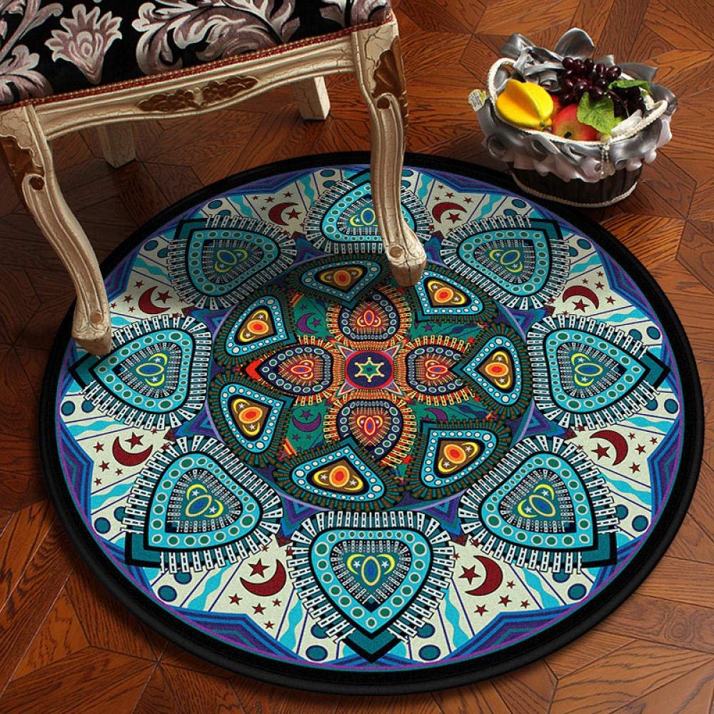 2021 National Wind Retro Mandala Round Carpet European Classical Balcony Coffee Table Hanging Basket Living Room Decoration Floor Mat Sky Blue 90x90cm