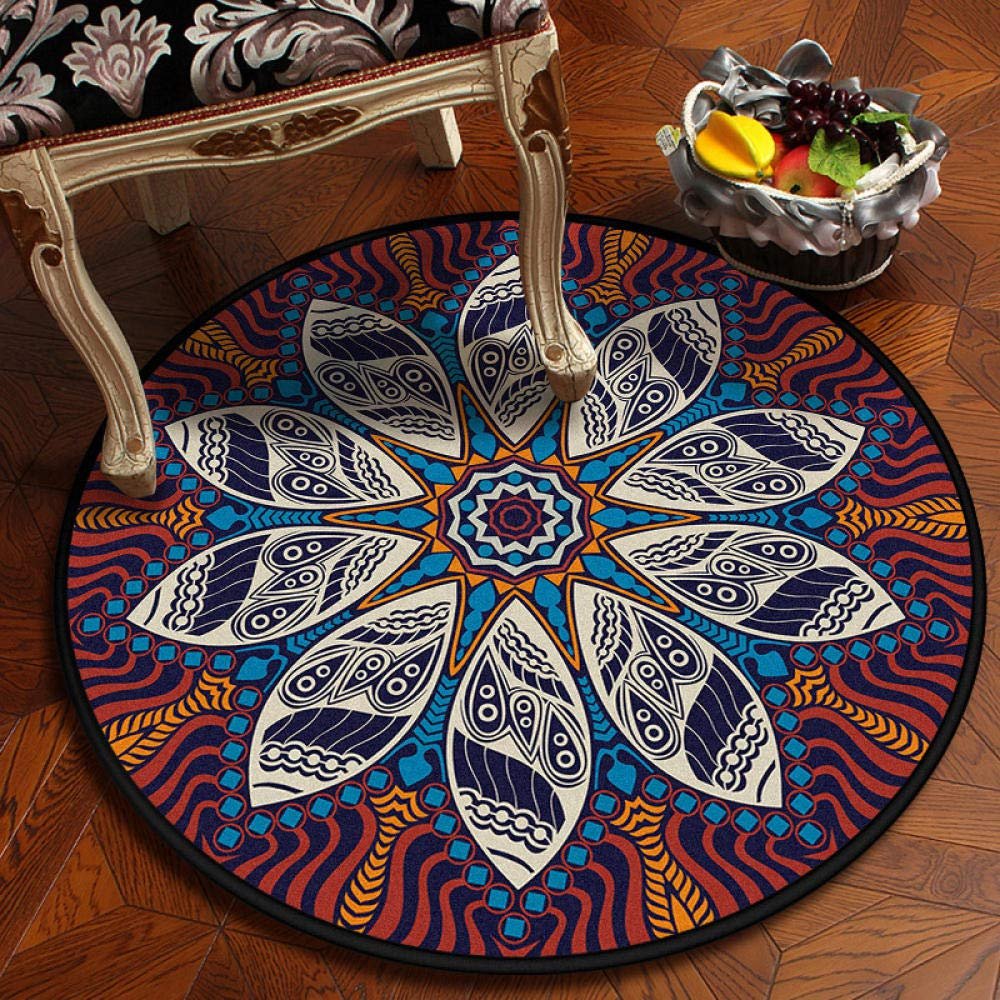 2021 National Wind Retro Mandala Round Carpet European Classical Balcony Coffee Table Hanging Basket Living Room Decoration Floor Mat Orange 90x90cm