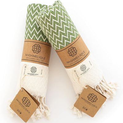 Madamelique Exclusive Hand Towels Set of 2-18 x 40 Inches - Decorative Bathroom Peshtemal Towel for Hand, Face, Hair, Yoga, Tea, Dishcloth, Kitchen and Bath - 100% Pure Cotton (Olive)