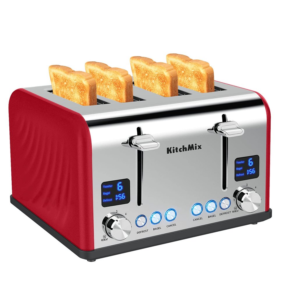 Toaster 4 Slice, KitchMix Bagel Stainless Toaster with LCD Timer, Extra Wide Slots, Dual Screen, Removal Crumb Tray (Red)