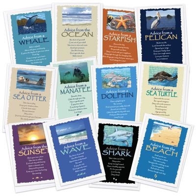 Your True Nature 12 Ocean Greeting Card Set, Advice from the Oceans, Otter, Shark, Starfish, Manatee, Pelican, Wave, Beach Sunset, Sea Turtle, Dolphin, Whale, (AMGC12-OCEAN)