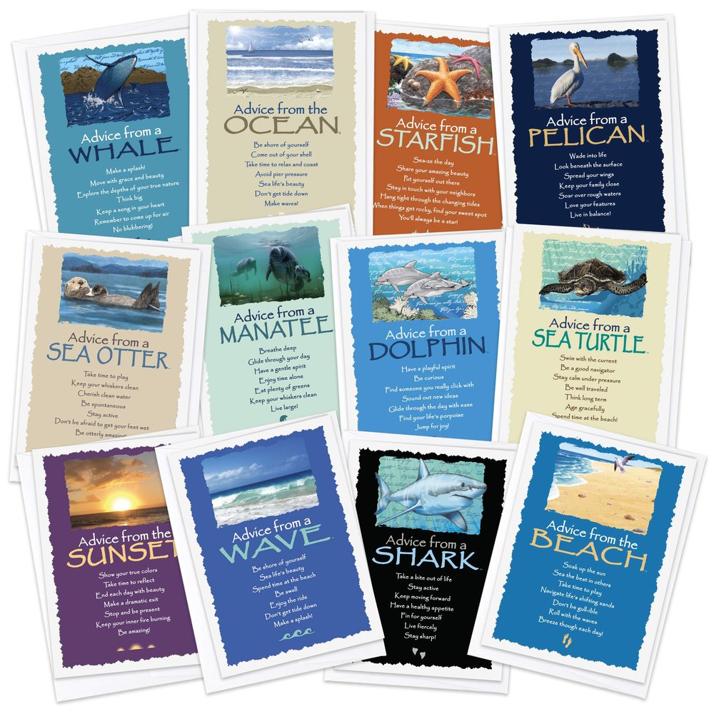 Your True Nature 12 Ocean Greeting Card Set, Advice from the Oceans, Otter, Shark, Starfish, Manatee, Pelican, Wave, Beach Sunset, Sea Turtle, Dolphin, Whale, (AMGC12-OCEAN)