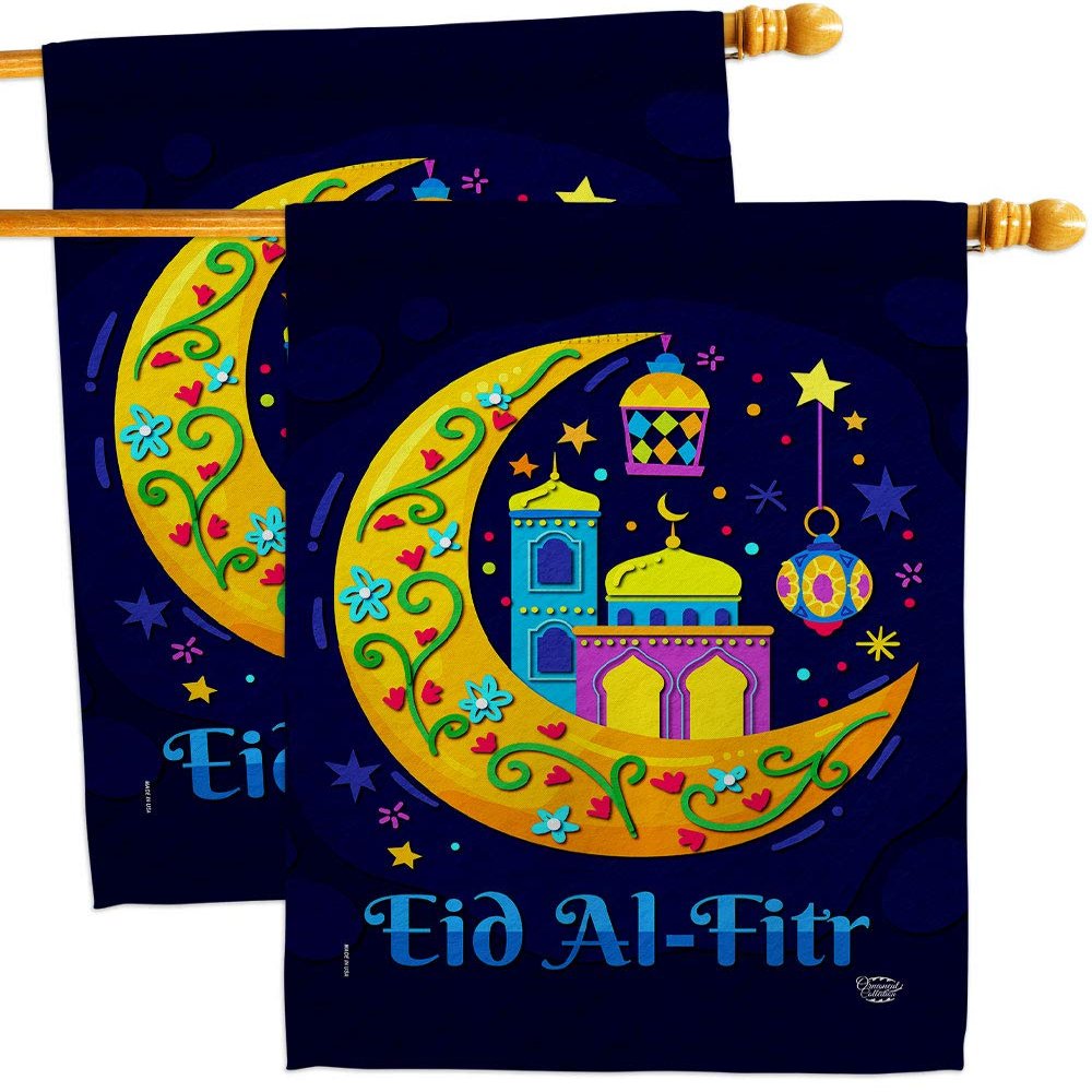Festival of Breaking Fast House Flags 2 pcs Pack Religious Eid al Fitr the Christian Religion Holidays Small Decorative Gift Yard Banner Double-Sided Made In USA 28 X 40