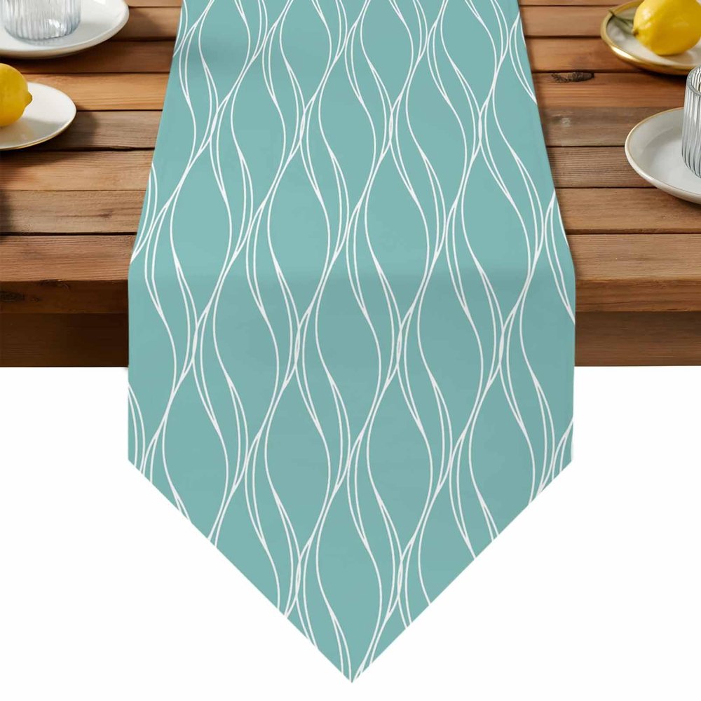 Edwiinsa Cotton and Linen Triangle Table Runners 70 Inches Long, Bluish Green Quatrefoil Water Wave Texture Dresser Scarves Table Decoration for Wedding Party/Graduation Ceremony/Banquet (13x70 inch)