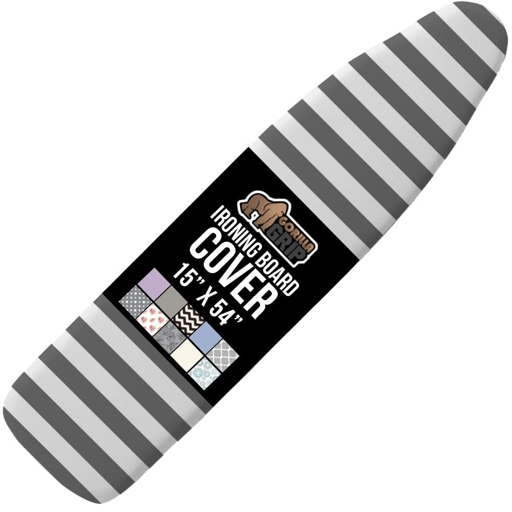 GORILLA GRIP The Original Ironing Board Cover and Pad, Silicone Coating, 400F Scorch Resistant Thick Padding, Heavy Duty Iron Covers Standard Boards, Hook and Loop Fastener Strap, Striped 15x54