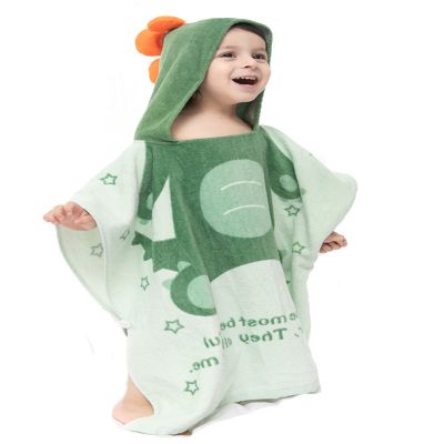 TONWHAR Kids Bath/Pool/Beach Hooded Poncho Towel-Cartoon Animal Pattern Cotton Beach Towel for Baby and Kids (Army Green Dinosaur, 1-4 Years/Height:33.4"-43.3")