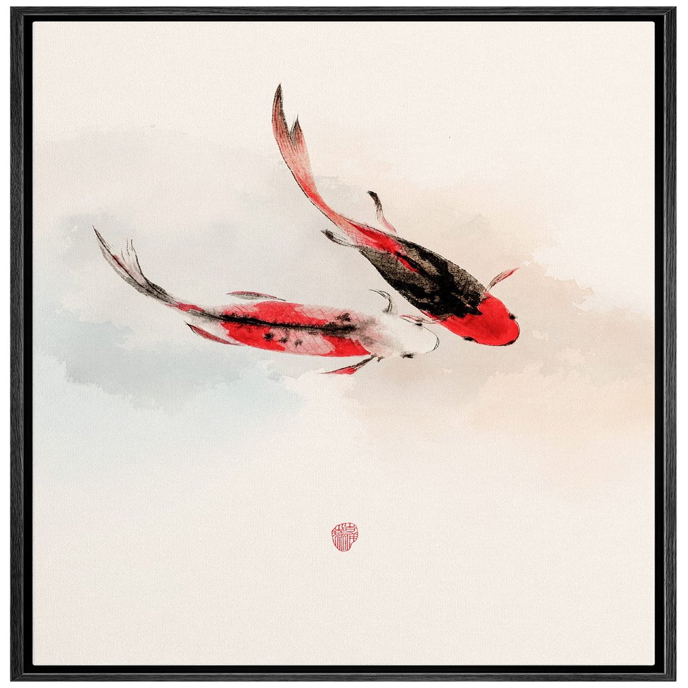 NWT Framed Canvas Print Wall Art Asian Style Watercolor Koi Fish in Water Amphibians Ocean Illustrations Modern Art Rustic Scenic Colorful Pastel for Living Room, Bedroom, Office - 16"x24" Black