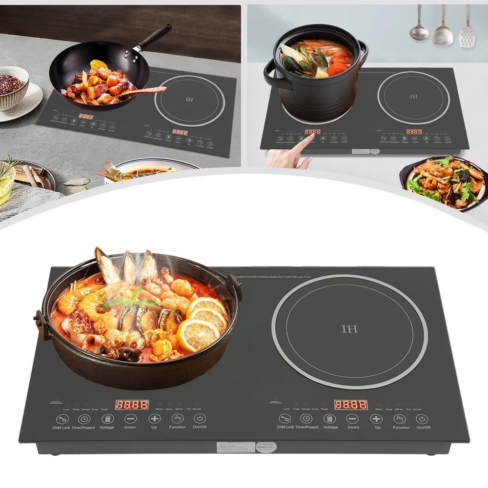 Double Induction Cooktop Burners, 1200W Digital Electric Countertop Burner Sensor Touch Stove Double-head Induction Cooker Electric Hot Plate Countertop Stove Double Burner for All Cookwares