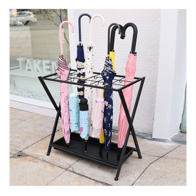 Umbrella Racks Black Metal Folding Umbrella Stand Umbrella Holder, Large-Capacity Umbrella Drain Stand Umbrella Basket for Hotel Bank, with Drip Tray and Hook, 44x24x60cm
