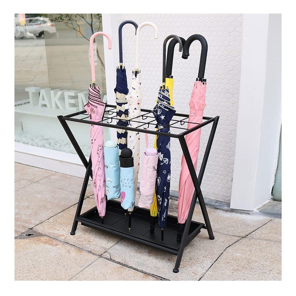 Umbrella Racks Black Metal Folding Umbrella Stand Umbrella Holder, Large-Capacity Umbrella Drain Stand Umbrella Basket for Hotel Bank, with Drip Tray and Hook, 44x24x60cm