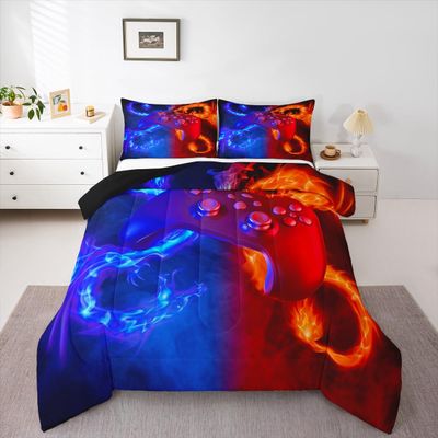 Ice Fire Dragon Comforter Set for Boys Teens Kids Gamer Games Room Decor Bedding Set Blue Red Gaming Gamepad Down Comforter ,Fairy Tale Animals Theme Room Decor 2Pcs Duvet Insert Twin Size,Soft