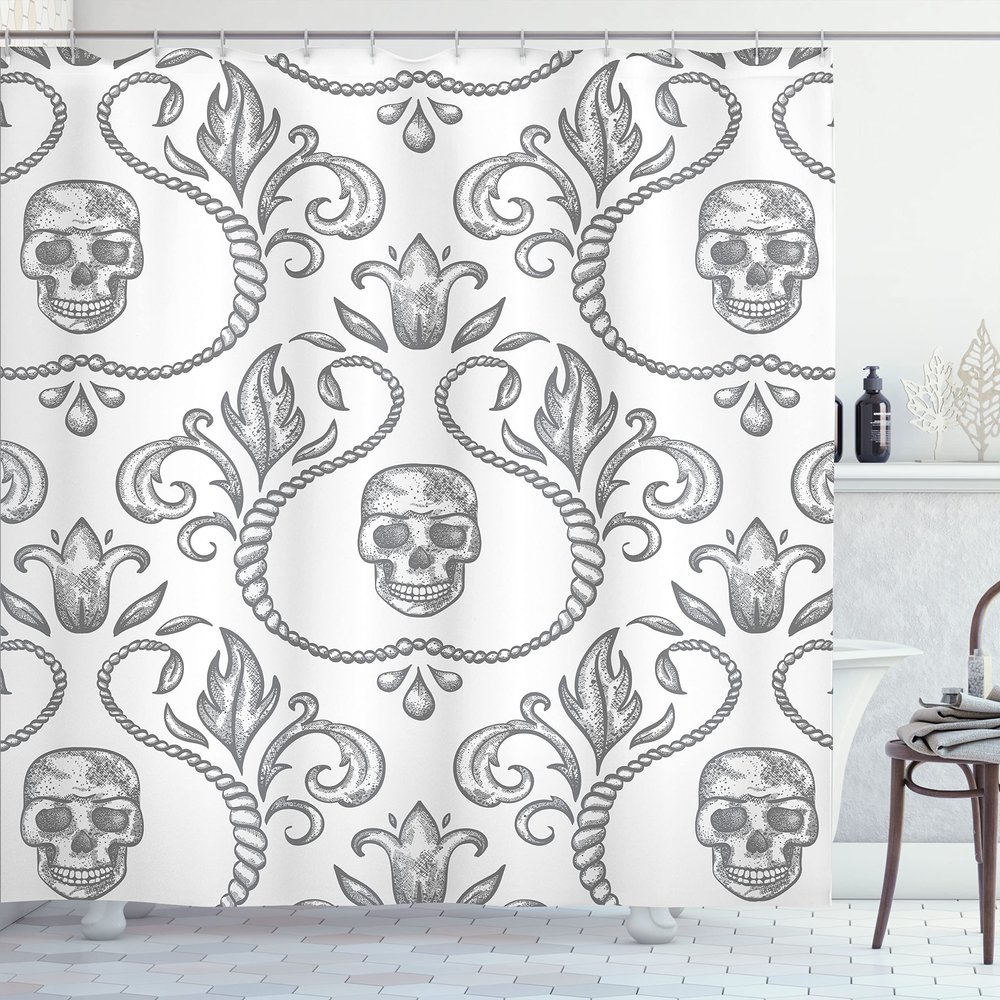 Ambesonne Gothic Shower Curtain, Ornament Skull Goth Skeleton Floral Motifs in Baroque Style Illustration, Cloth Fabric Bathroom Decor Set with Hooks, 69" W x 75" L, Pale Grey