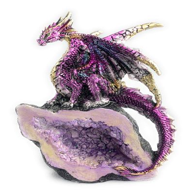 Aint It Nice Dragon Statue Rock Faux Geode Cavern Sparkling Medieval Collectible Fantasy Dragon Figurine Dcor, Purple 3.5(L) X 2.5(W) X 5.5(H) inches