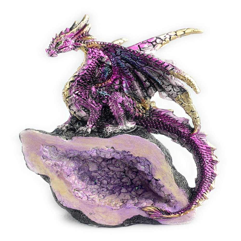 Aint It Nice Dragon Statue Rock Faux Geode Cavern Sparkling Medieval Collectible Fantasy Dragon Figurine Dcor, Purple 3.5(L) X 2.5(W) X 5.5(H) inches