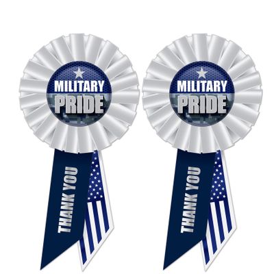 Beistle Military Pride Rosettes 2-Pack Patriotic Appreciation Award Ribbons, White and Blue with Thank You and American Flag Design for Ceremonies, Veterans Events, Honor Displays, 3" x 6"