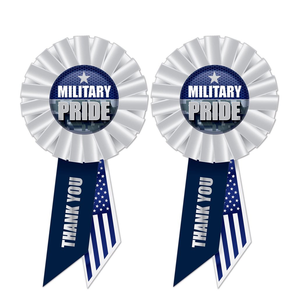 Beistle Military Pride Rosettes 2-Pack Patriotic Appreciation Award Ribbons, White and Blue with Thank You and American Flag Design for Ceremonies, Veterans Events, Honor Displays, 3" x 6"