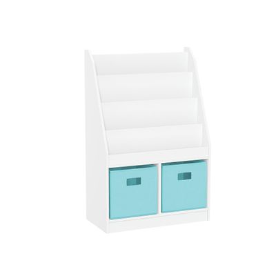 RiverRidge Kids Bookshelf & Toy Storage Organizer with 4 Book Racks, 2 Cubbies and 2 Aqua Blue Storage Bins - Versatile Book Nook Toy Tidy