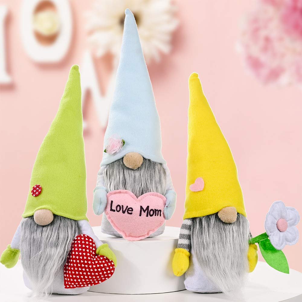 3Pcs Mother's Day Gnome Plush Decorations, Scandinavian Tomte Swedish Gnome Elf Dwarf Doll, Mother's Day Decorations Gift for Mom, Table Ornament, Love Heart Love Mom Themed Handmade Ornaments