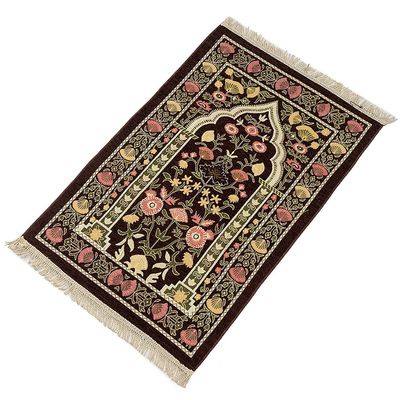 Muslim Prayer Mat Thick Islamic Turkish Chenille Praying Rug Portable Kneeling Rug, Vintage Floral Leaves Pattern Woven Jacquard Tassel Blanket