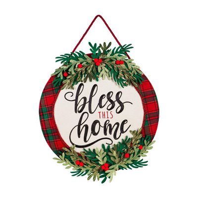 Evergreen Family Products Door Hanger Set, Bless This Home Plaid Door Decor with Black Iron Metal Holder