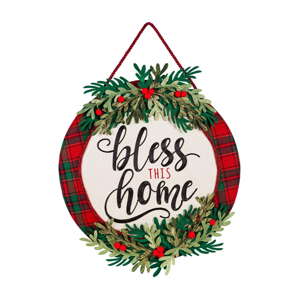Evergreen Family Products Door Hanger Set, Bless This Home Plaid Door Decor with Black Iron Metal Holder
