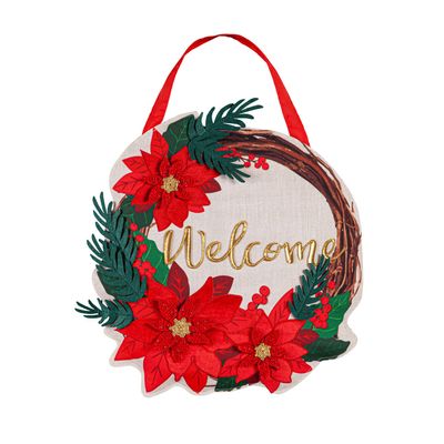 Evergreen Family Products Door Hanger Set, Poinsettia Welcome Wreath Door Decor with Black Iron Metal Holder