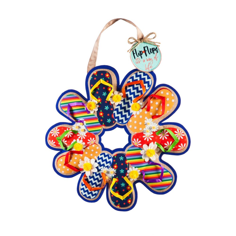 Evergreen Door Hanger Set, Flip Flop Life Door Decor with Black Iron Metal Holder