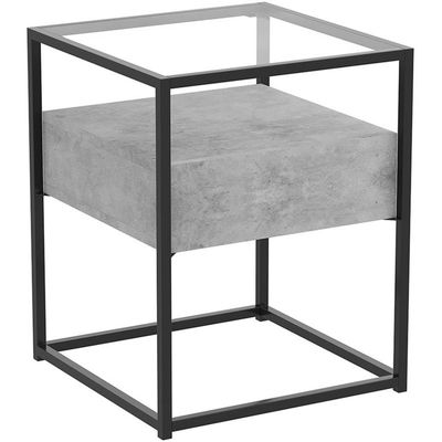 Safdie & Co. Table 17L Dark Cement 1 Drawer Glass Top Black Metal