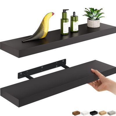 Ballucci Floating Shelves, 24" Wood Wall Shelf Set of 2, with Invisible Brackets for Bathroom, Living Room, Bedroom, Kitchen, Nursery, 6" Deep, Black