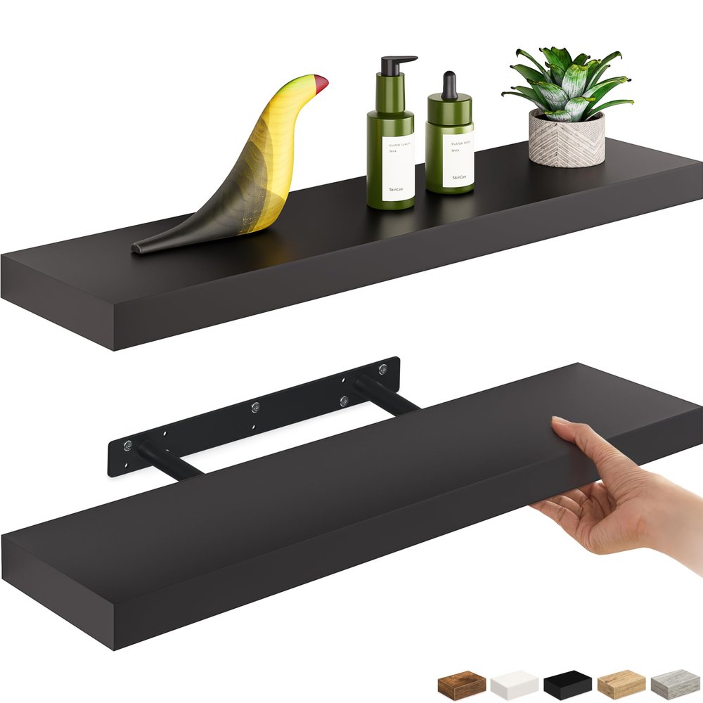 Ballucci Floating Shelves, 24" Wood Wall Shelf Set of 2, with Invisible Brackets for Bathroom, Living Room, Bedroom, Kitchen, Nursery, 6" Deep, Black