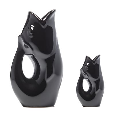 Gurgle Pot Fish Pitcher - Black, Set of 2, French Inspired Design, Large Pitcher 42 oz. with matching Creamer, the perfect Indoor or outdoor tableware.