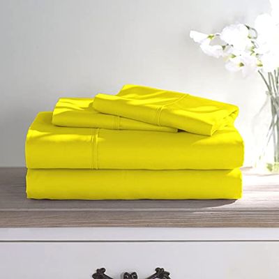True Luxury Hotel Quality 400-Thead-Count Yellow Solid-Cal King Sheet Set, 100% Egyptian Long Staple Cotton Super Soft-Cooling-Breathable-Comfy-Strong-Durable 4 Piece Set, Fit Upto 18 Deep-Pockets