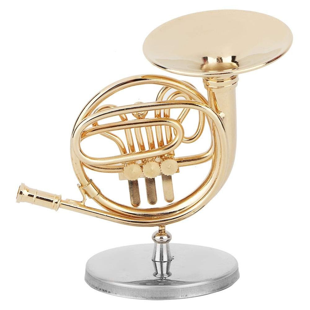 Oumefar Miniature French Horn Delicate Golden Mini Instrument Figurine Ornament Display Decoration for Music Lover Brassandwoodwindinstruments