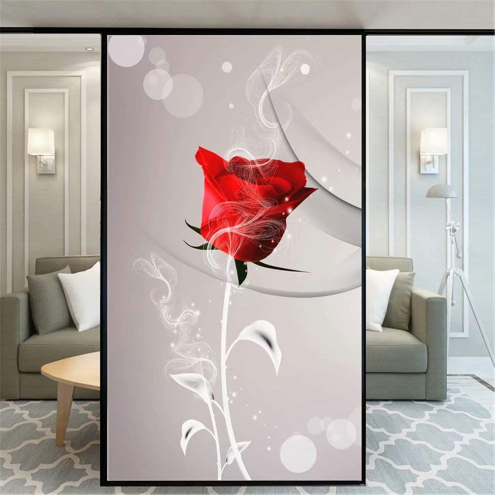 No Glue Decorative Privacy Frosted Window Film Red Rose Flower Pattern Glass Door Window Covering Window Decals Window Sticker for Home Office 65x100cm(25.6"x39.4)