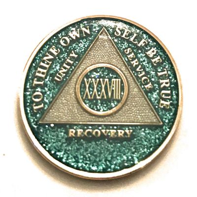 38 Year AA, Aqua, Turquoise, Blue, Bling, Glitter, Medallion, Bling, Chip, Coin, Token