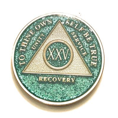 25 Year AA, Aqua, Turquoise, Blue, Bling, Glitter, Medallion, Bling, Chip, Coin, Token