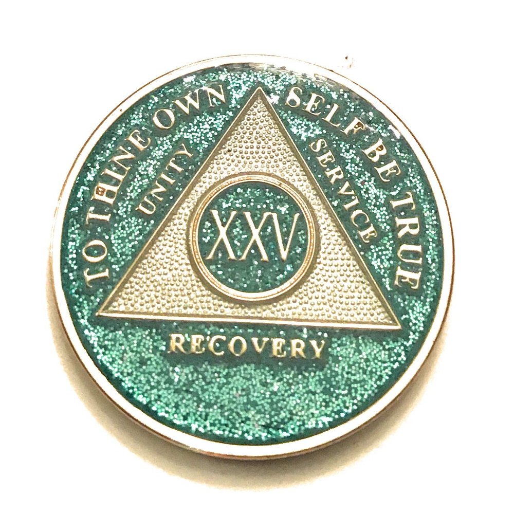 25 Year AA, Aqua, Turquoise, Blue, Bling, Glitter, Medallion, Bling, Chip, Coin, Token
