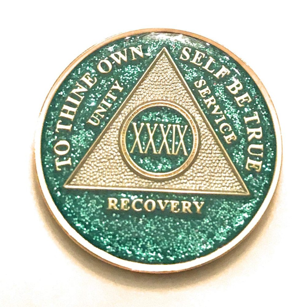 39 Year AA, Aqua, Turquoise, Blue, Bling, Glitter, Medallion, Bling, Chip, Coin, Token
