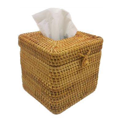 amololo Decorative Square Rattan Tissue Box and Condiment Organizer,6"x6" Napkin Paper Holder with Storage Box for Dinning Table, Resturant and Home,Brown
